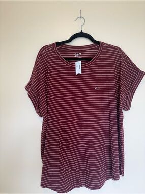 Maurices Burgundy and White Striped Crew Tee